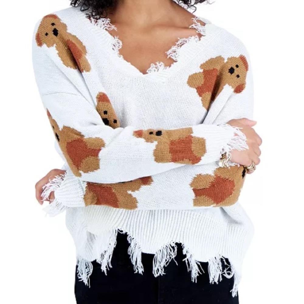 New Just Polly Frayed Teddy Bear Sweater Size Large